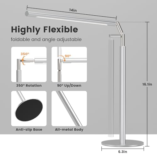 SIBRILLE Silver LED Desk Lamp, 16" Dimmable Metal Desk Light with Base, 15W 1200LM, Adapter Included, Color & Brightness Adjustable, Modern Tall Table Lamp for Home Office Reading Study Task Laptop