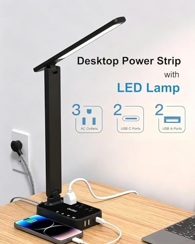 LED Desk Lamp, 10Ft Power Strip with 3 Outlets 4 USB Ports(2 USB C), Black