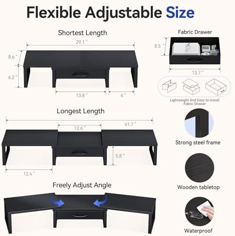 Dual Monitor Stand Riser, Desk Organizers and Accessories with Drawer, Computer Monitor Stands for Desk, Adjustable Desktop Shelf for PC Laptop Printer TV, Black