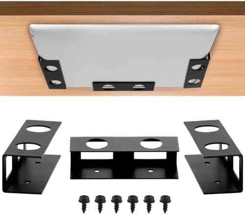 QWORK Under Desk Laptop Mount – 3 Pieces Hard Aluminium Under Desk Laptop Holder Tray, Fits Laptop, Keyboard (Black)
