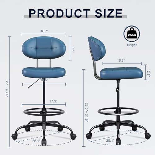 Misolant Drafting Chair Without Arms, Tall Office Chair with Footrest Ring for Standing Desk, Small Faux Leather Executive Chair with Adjustable Height for Bar Lab Counter Height Desk, Navy Blue