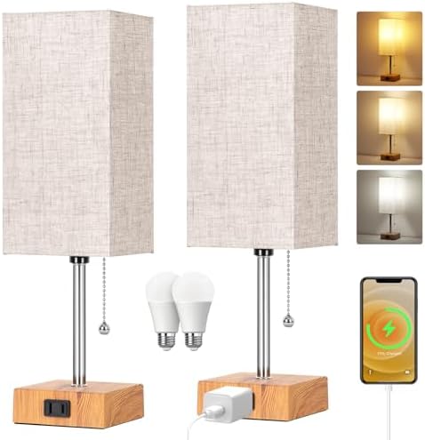 Table Lamp for Bedroom set of 2,3-Color Bedside Lamps with Pull Chain Wood