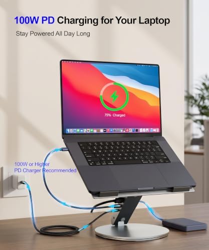 YICOSUN Laptop Stand for Desk, 360° Rotating & Height Adjustable Ergonomic Computer Riser with Aluminum Cooling Vents for 10-16 inch MacBook, Dell, Lenovo (Grey, USB-C Docking Station)