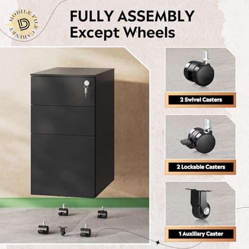 DEVAISE 3 Drawer Mobile File Cabinet, Fully Assembled Metal Filing Cabinet