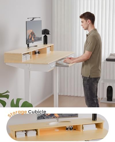 Electric Standing Desk with Keyboard Tray, 55x24 Inches Height Adjustable Stand up Desk with 2 Drawers, Ergonomic Sit to Stand Table with Storage Monitor Stand, Oak