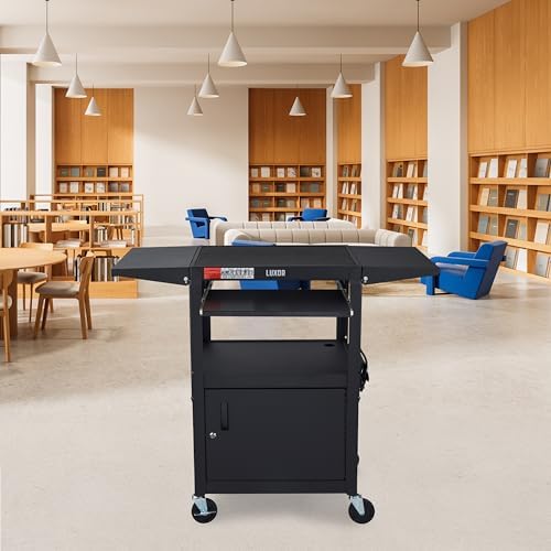 Leader Adjustable Height Rolling AV Cart, Mobile Workstation with Drop Leaf Shelves, Pullout Keyboard Tray, Locking Steel Cabinet, Power Strip for Classroom and Office Use (Black, 24-42 Inch)