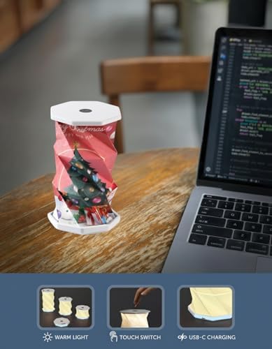 Origami Expanding Foldable LED Desk Lamp – USB Rechargeable & Portable - Dimmable Touch Control Light with Adjustable Height up to 5 1/2 for Office, Travel, Bedside - Sleek & Modern Design (Christmas)