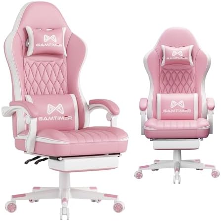 Gamtimer Gaming Chair with Footrest, Ergonomic Computer Chair, PU Breathable Material with Headrest and Lumbar Support, Suitable for Silla Gamer and Adults(Pink)