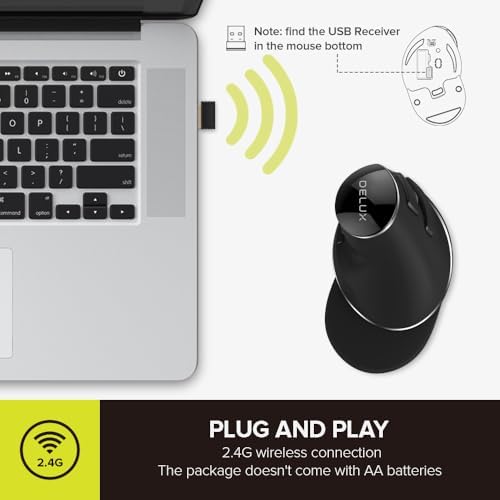 DELUX Ergonomic Vertical Mouse, Wireless Ergo Mouse for Large Hands, 2.4G Connection, Silent Clicks, Up to 1600 DPI,6 Buttons, Removable Wrist Rest, Compatible with Laptop/PC (M618Plus Wireless-Black)