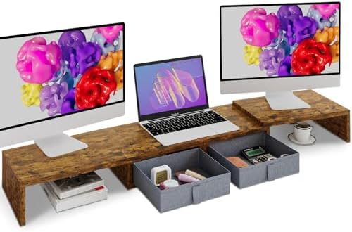 TEAMIX Dual Monitor Stand Riser - Length and Angle Adjustable White Monitor Stand with 2 Drawers to Storage Large Computer Riser for 2 Monitors/Laptop/PC, Wood Screen/TV Stand Desk Organizer (Brown)