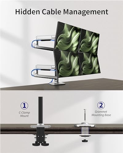 Heavy Duty Quad Monitor Mount Desk Stand, Mechanical Spring 4 Monitor Arm Fits Four 13-40 Inch Screens up to 25 lbs Each, Fully Motion VESA Mount Base (C-Clamp/Grommet), Premium Aluminum, Silver