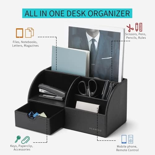 VLANDO Office Desk Organizer Leather Desktop Organizer Caddy with Drawer for Storing Desktop Supplies and Accessories (Black Set)