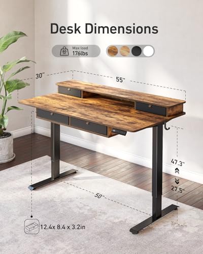 CubiCubi 55" x 30" Standing Electric Desk with Drawers, Rustic Brown
