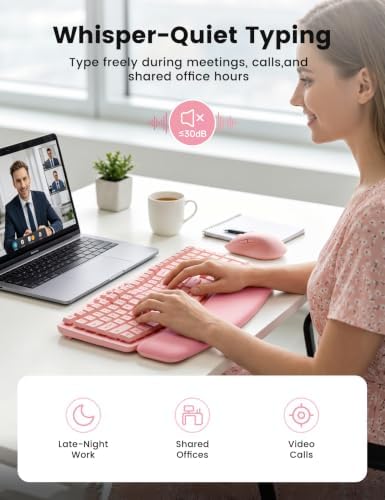 Pink Wireless Keyboard and Mouse Combo, Ergonomic Wave, 30dB Quiet, MA41