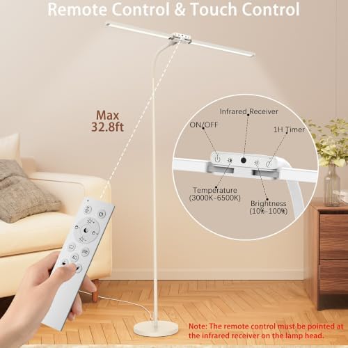 SIBRILLE LED Floor Lamp, 24W Dual Head Dimmable Standing Lamp with Remote & Touch Control, Adjustable Gooseneck, 3000K-6500K Modern Reading Lamp for Living Room, Bedroom, Office & Crafts