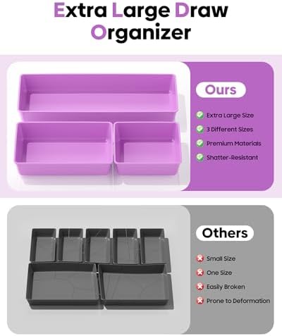 10 Pack Large Size Plastic Drawer Organizers Set, 3 Sizes Desk Drawer Organizer Trays, Storage Bins for Vanity, Makeup, Bathroom, Kitchen Utensils and Office (Purple)