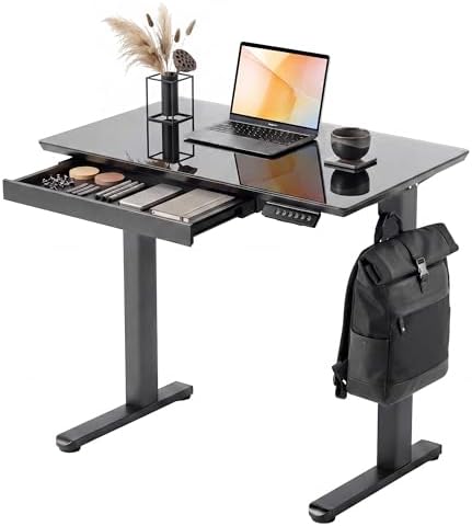 Claiks Glass Standing Desk with Drawers 32x19 Inch Black