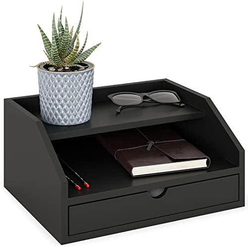 Ballucci Desk Organizer with Drawer, 2 Tier Paper Office Supplies Desk Organizer, 13 2/5" x 9 3/5" x 6", Black