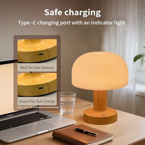Mushroom Operated Table Lamp 3000mAh Cordless Rechargeable, Touch Dimmable Desk Lamp, LED Night Light for Patio Camping Restaurant Home, H7.3in, Wood Grain