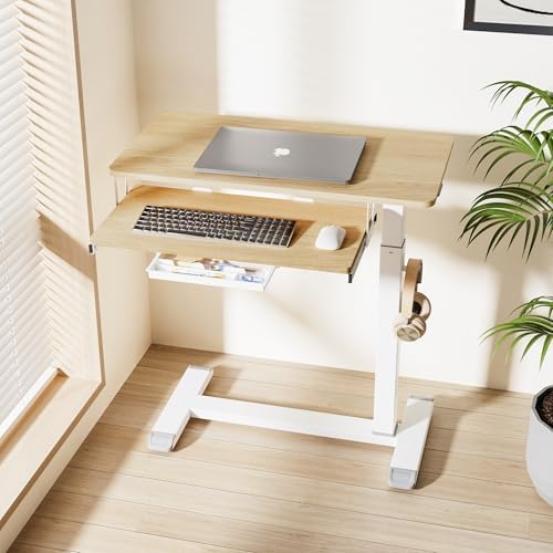 ETHU Height Adjustable Mobile Overbed Table with Keyboard Tray, Oak
