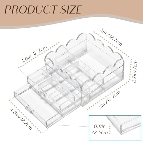 Scalloped Clear Acrylic 2-Drawer Organizer with Removable 9-Compartment Divider, 5" x 5" x 2.7" Vanity Storage for Earrings, Sewing Pins, Tiny Beads and Small Desk Accessories