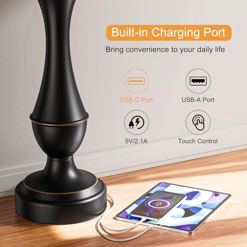 Touch Lamps for Nightstand, 3 Way Dimmable Lamps for Bedroom with USB C+A