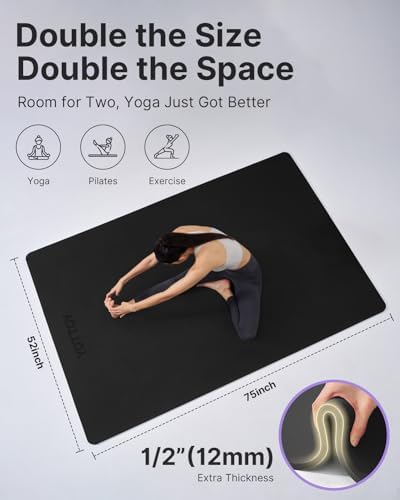 YOTTOY Large Yoga Mat (75 * 52 * 1/2inch),Extra Wide TPE Exercise Mat,Non-Slip Workout Mat for Pilates, Fitness, Barefoot, Home Gym Studio with Strap and Towel