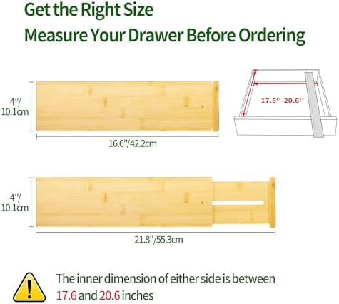 VaeFae 3 Pack Bamboo Drawer Dividers, 4" High Adjustable 16.6" - 21.8" Clothes Drawer Organizers, Expandable Separators for Bedroom/Bathroom/Kitchen/Office Storage