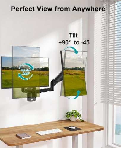MOUNT PRO Dual Monitor Wall Mount for 2 Computer Screen up to 32 Inch, Gas Spring Double Monitor Arm Holds Up to 19.8lbs Each, Full Motion Adjustable Wall Monitor Mount, VESA Mount 75x75/100x100