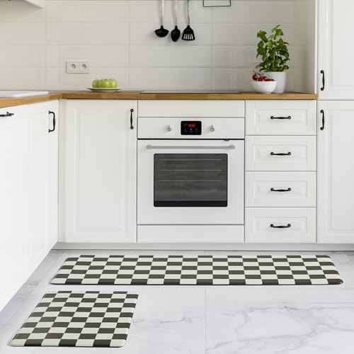 Ohocut Checkered Kitchen Mats for Floor Set of 2, 2 Pcs Black White Cushioned Non Slip Runner Rugs for Kitchen/Sink/Laundry, Comfort Aesthetic Cute Anti-Fatigue Foam Floor Mat 17.3"x29.5"+17.3"x47.2"