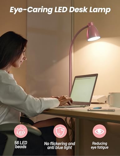 BOHON Cute Desk Lamp with USB Charging Port, 3 Color Modes Dimmable, Pink
