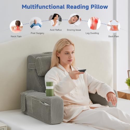 Reading Pillow for Bed, Back Pillow for Bed Sitting Up, Bed Pillows for Sitting Up with Adjustable Armrests, Cup Holder & Large Pocket, Backrest Cushion for Reading, Watching TV (Grey, 4PCS)