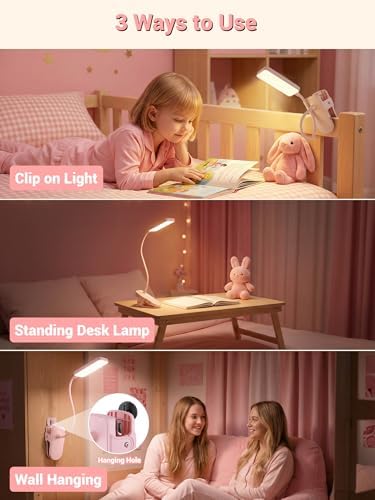Pink Desk Lamp Cute Clip on Lamp,45 Modes Dimmable+450 Lumen Clip on Light
