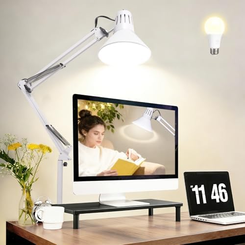 White Desk Lamp with Clamp, Extra-Tall Adjustable Metal Swing Arm, 3000K