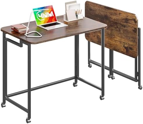 4NM 31.5" Mobile Small Rolling Computer Desk, Folding Laptop Cart Table with Wheels, Portable Office Desk for Small Space Couch Bed - Rustic Brown and Black