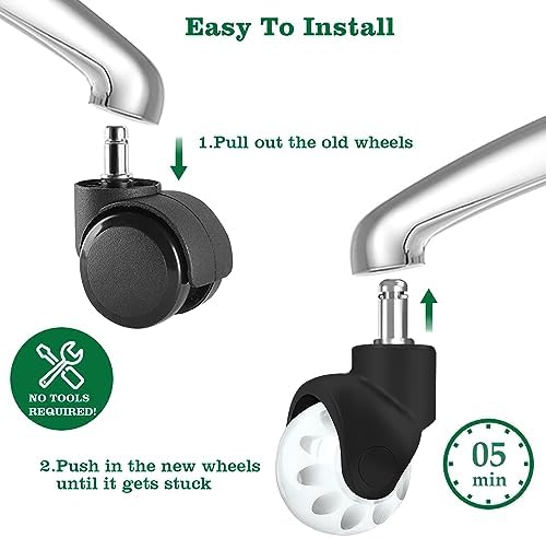 Office Chair Wheels Replacement 2 Inch Rubber Ball Caster Wheels for Wood Floor Carpet Mats, Set of 5, Heavy Duty Desk & Gaming Chair Casters 7/16" (11mm) Grip Ring Stem, Quiet Smooth Rolling (White)