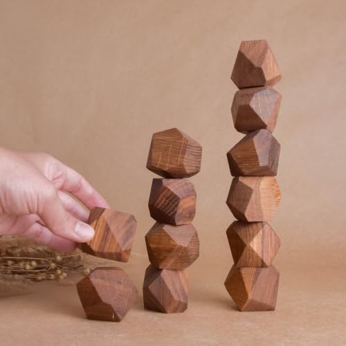 Wooden Stacking Rocks Board Game Oak Solid Hardwood Balancing Blocks, Handmade Sensory Stacking Stones, Aesthetic Desk Decor, Mindfulness Stress Relief Toy, Unique Gift