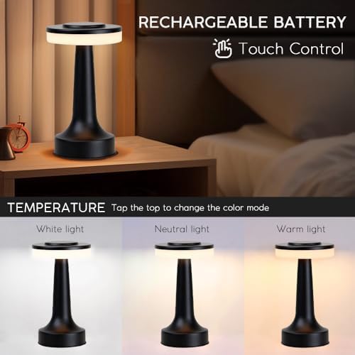 JHPGEOE Cordless Metal Desk Lamp, Touch Sensor Control LED Table Lamp,3 Color Stepless Dimmable Battery Powered Lamp for Living Room, Dorm, Home Office (Black)
