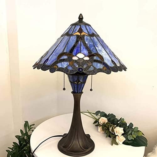 Bieye L10684 Baroque Tiffany Style Stained Glass Table Lamp with 16 inch Wide Blue Shade Double Lit for Bedside Living Room Bedroom, 24.5 inch Tall