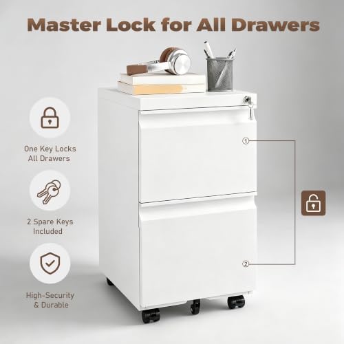 Guizeeopo Fully Assembled 2 Drawer File Cabinet, Locking Filing Cabinet with Anti-Tipping Wheels, Quiet Slide, Heavy-Duty Steel Construction, Fits A4 Letter Legal for Home Office, Matte White