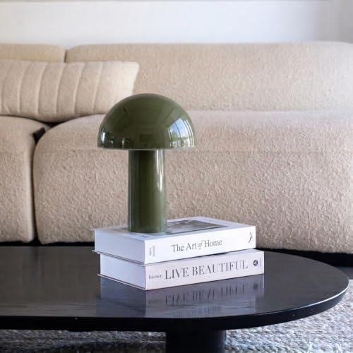 Brightech Celia Table Lamp – 10" Touch-Controlled Mushroom Accent Lamp, Cordless & Dimmable LED, Portable Bedside Accent Light, Recycled Sustainable Modern Lamp for Home Décor – Olive Green