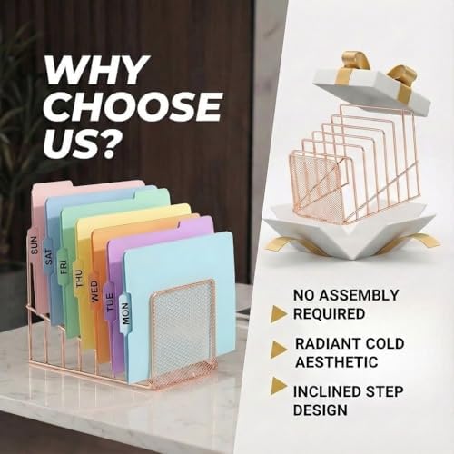 2 Pcs Incline File Sorter, 7 Slot Magazine Holder for Letter, Document, Folder and Book, Metal Desktop Organizer Rack for Home, School and Office (2-rose gold)