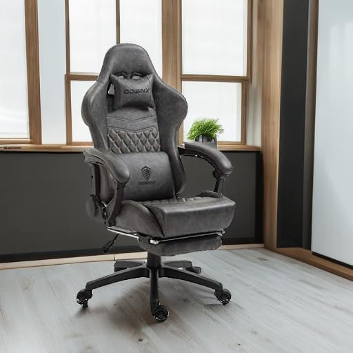 Dowinx Big & Tall Vintage Gaming Chair for Adults, 400 lb Capacity Heavy Duty Ergonomic Computer Chair with Massage Lumbar, Footrest & Easy Side Recline, Grey