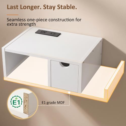 Afuly White Floating Nightstand, Bedside Table with Charging Station&Drawer