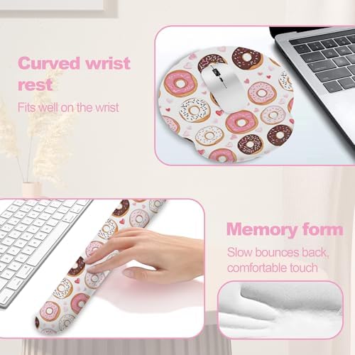 Cute Pink Donut Ergonomic Wrist Support Keyboard Mouse Wrist Rest Set, Computer Office Comfortable Wrist Rest for Mouse Easy Typing