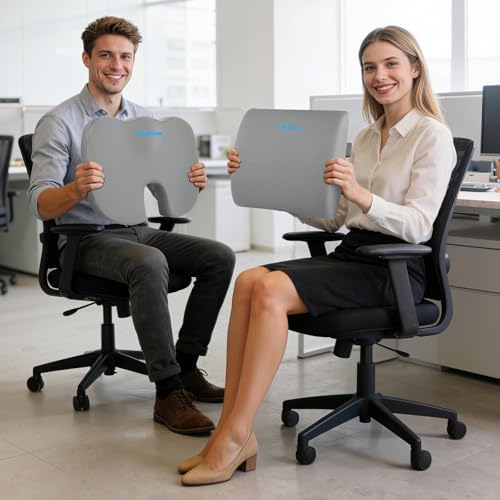CushZone Seat Cushion and Lumbar Support Pillow for Office Chair Light Grey