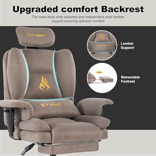 Symino Gaming Chair with Foot Rest, Unique Up/Down Armrests, Twill Fabric Ergonomic High Back Chair, 155° Recline Solid Color Computer Desk Chair, Light Coffee