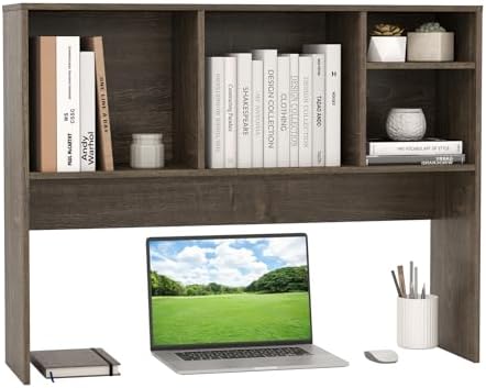 GIANTEX Desktop Bookshelf, Countertop Storage Hutch with 4 Shelves for Computer Desk, Dressing Tabletop Display Rack, Multipurpose Desk Hutch Storage Organizer for Home Office Dorm (Grey Oak)