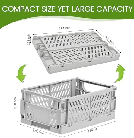 HUUSMOT 4-Pack Collapsible Plastic Storage Baskets, Grey, 9.8"x6.5"x3.8"