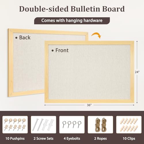 DOLLAR BOSS Bulletin Boards with Linen, 36"x24" Cork Board, Natural Wood